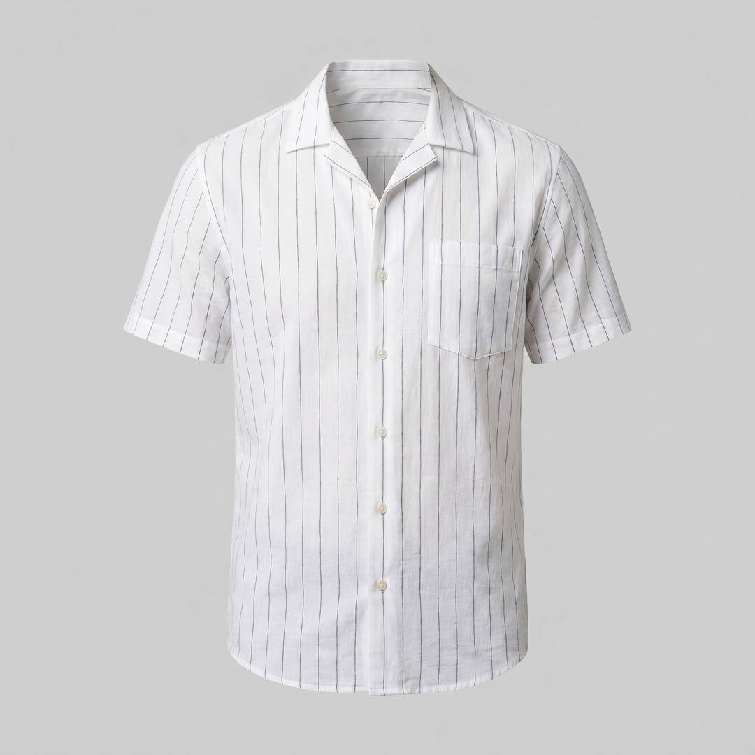 Men's Pinstripe Camp Shirt - Casual Short Sleeve Summer Button-Down
