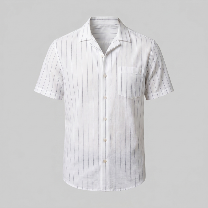 Men's Pinstripe Camp Shirt - Casual Short Sleeve Summer Button-Down