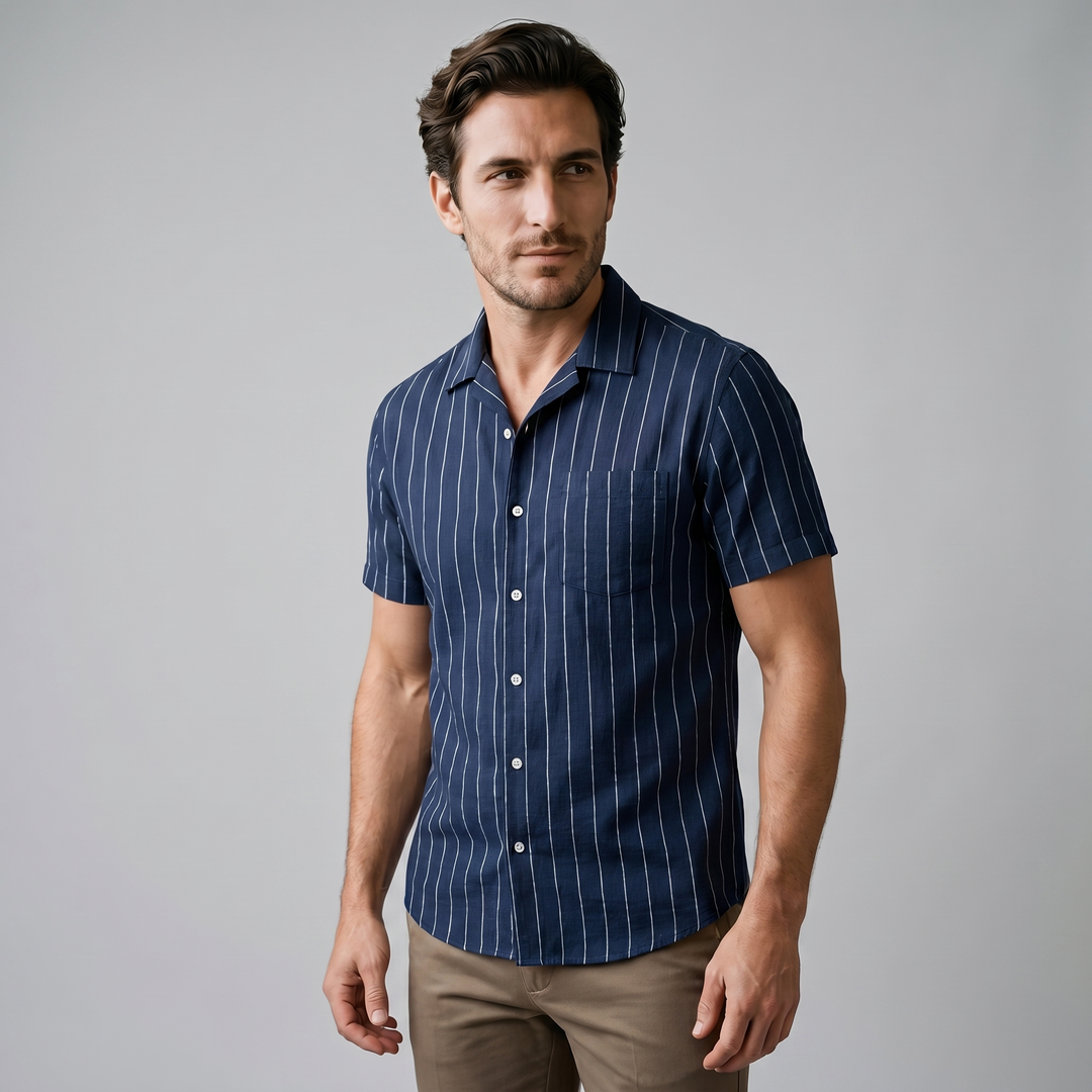Men's Pinstripe Camp Shirt - Casual Short Sleeve Summer Button-Down