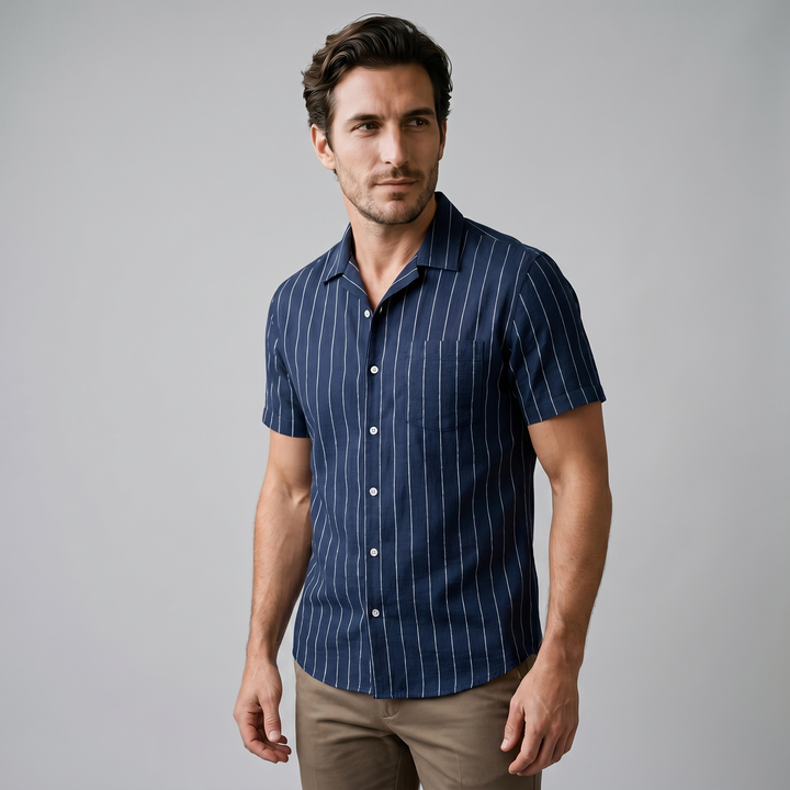 Men's Pinstripe Camp Shirt - Casual Short Sleeve Summer Button-Down