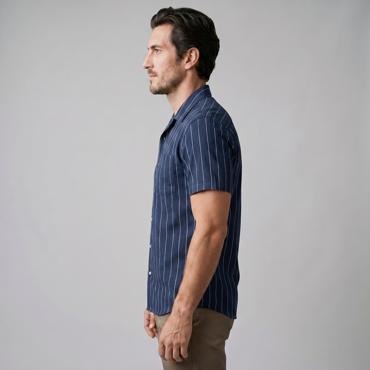Men's Pinstripe Camp Shirt - Casual Short Sleeve Summer Button-Down