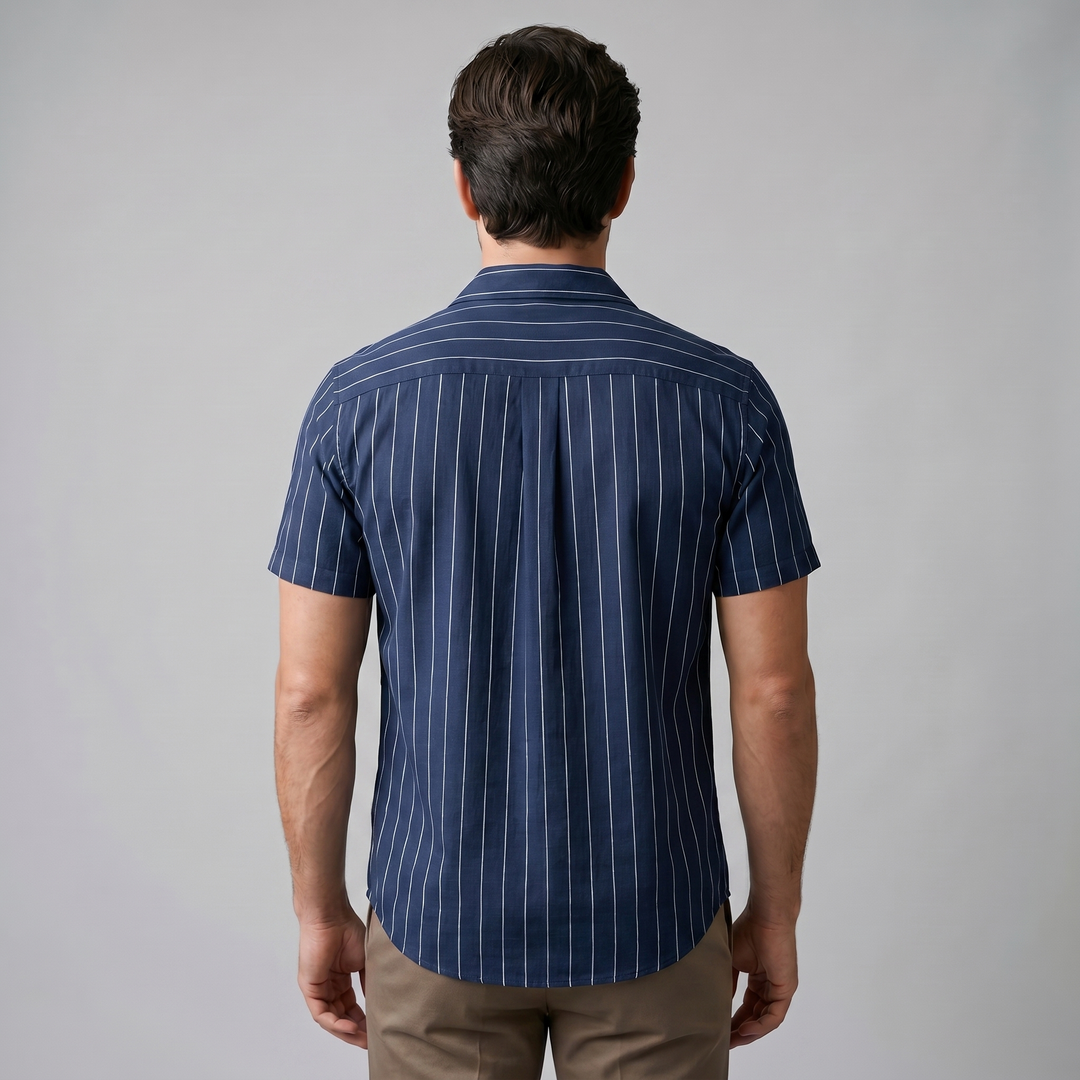 Men's Pinstripe Camp Shirt - Casual Short Sleeve Summer Button-Down