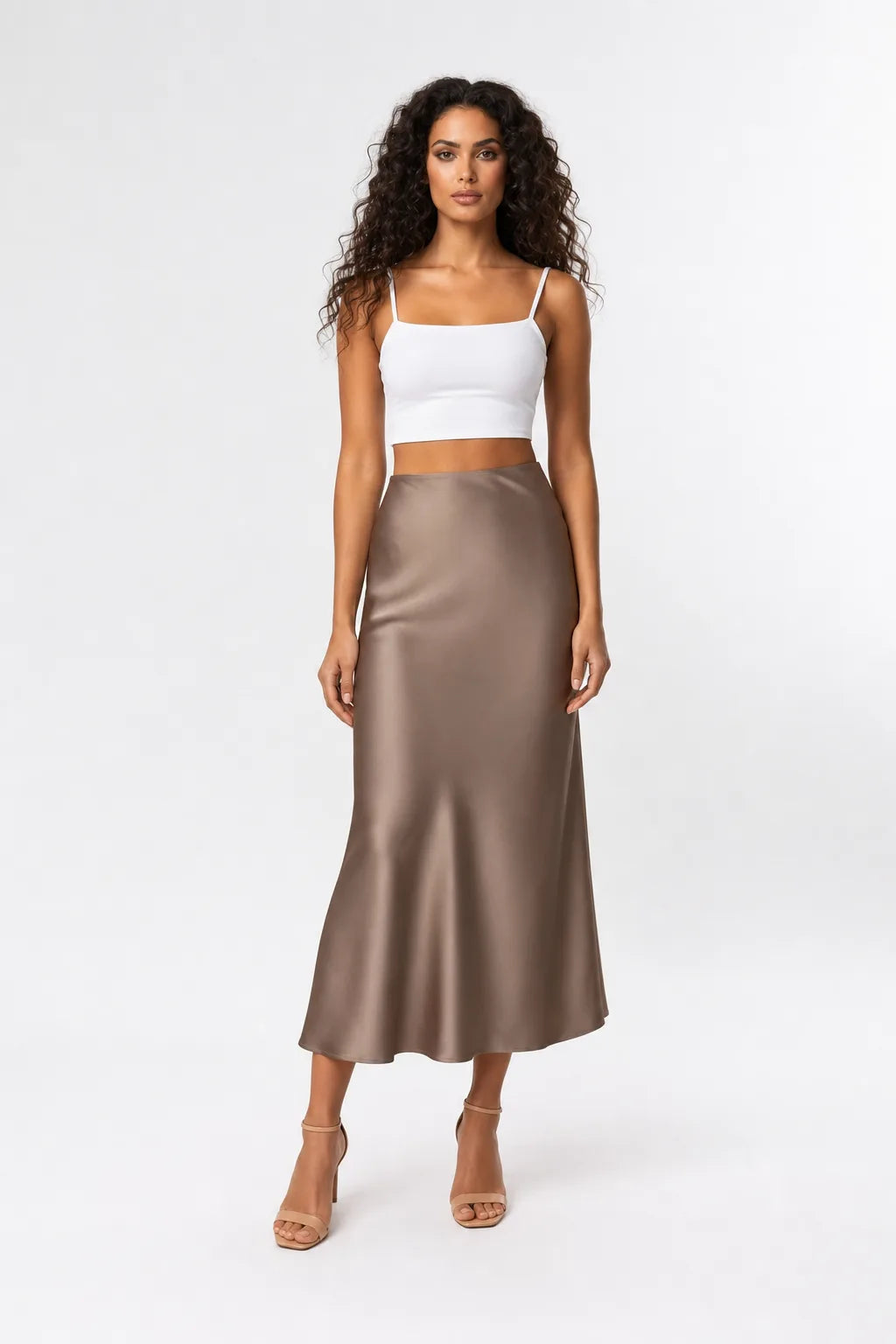 Plum Satin Midi Skirt With Bias Cut And High Waist