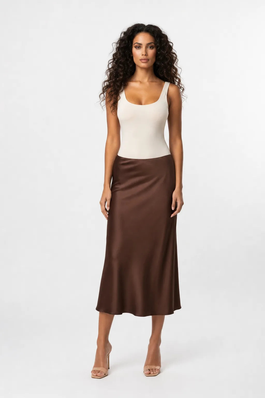 Plum Satin Midi Skirt With Bias Cut And High Waist