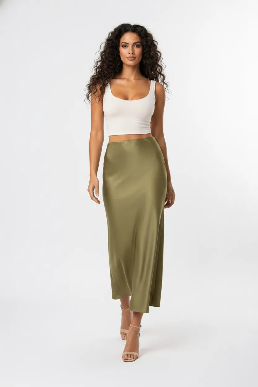 Plum Satin Midi Skirt With Bias Cut And High Waist