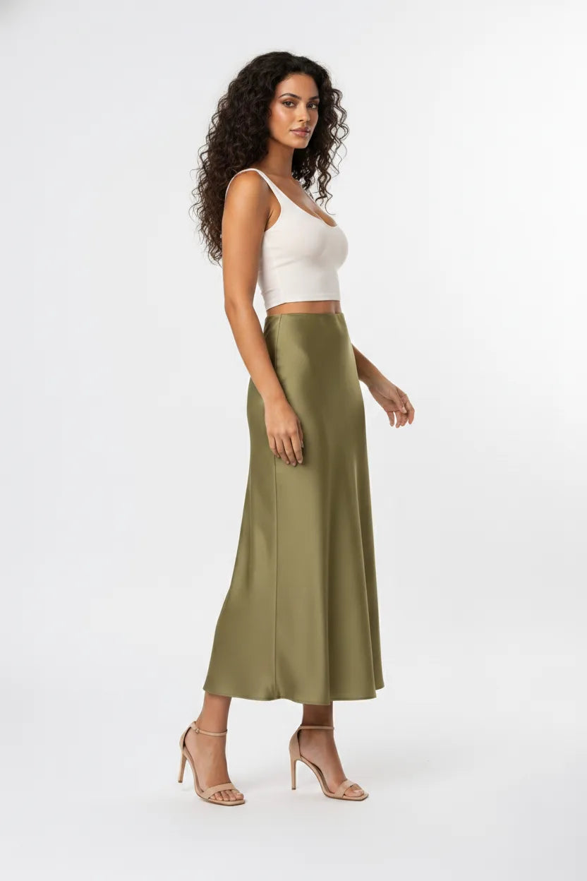 Plum Satin Midi Skirt With Bias Cut And High Waist