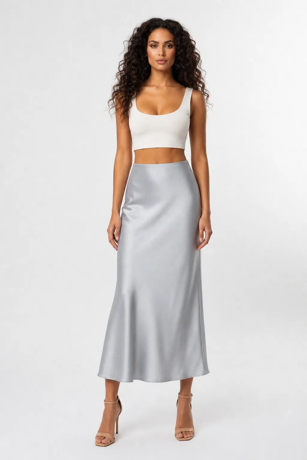 Plum Satin Midi Skirt With Bias Cut And High Waist