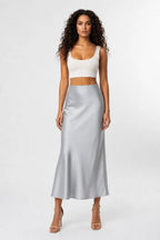 Plum Satin Midi Skirt With Bias Cut And High Waist