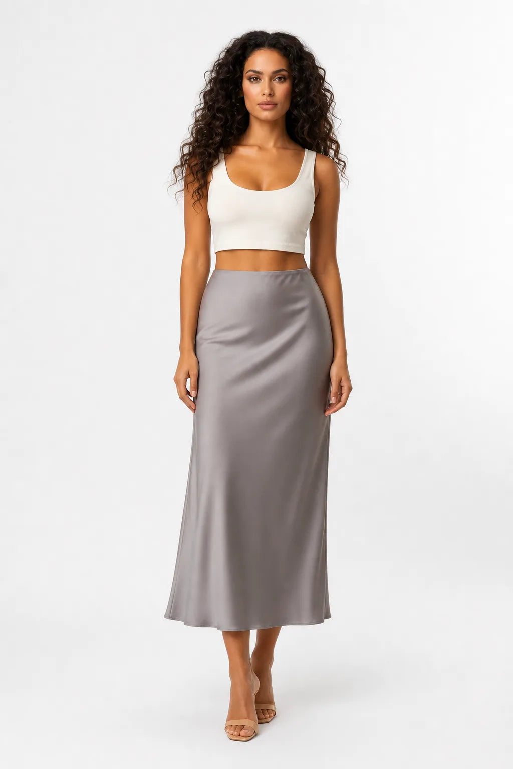 Plum Satin Midi Skirt With Bias Cut And High Waist