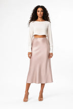 Plum Satin Midi Skirt With Bias Cut And High Waist