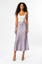 Plum Satin Midi Skirt With Bias Cut And High Waist