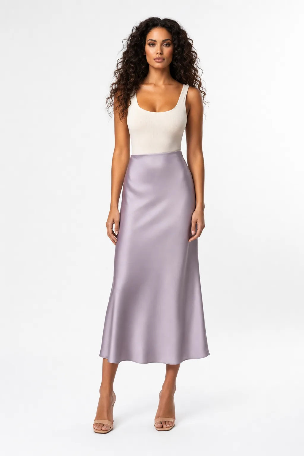 Plum Satin Midi Skirt With Bias Cut And High Waist