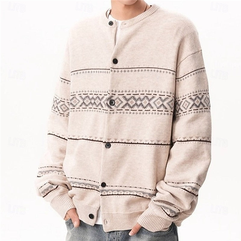 Men's Geometric Pattern Button-Down Holiday Knit Cardigan