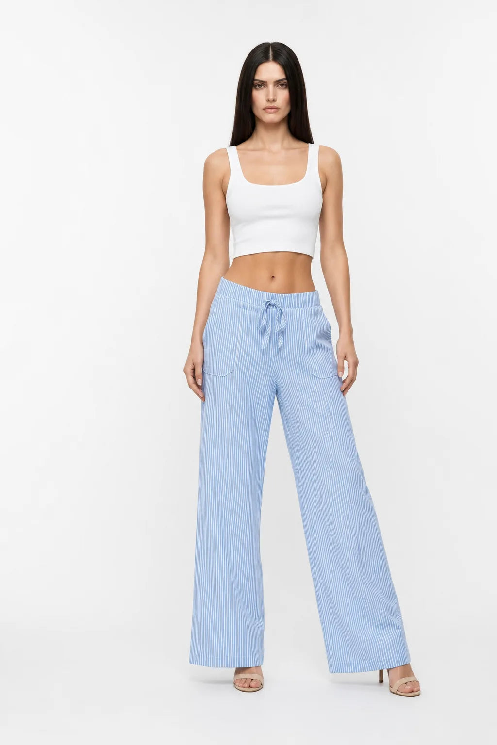 Reya Striped Wide Leg Pants With Elastic Waistband Drawstring Tie