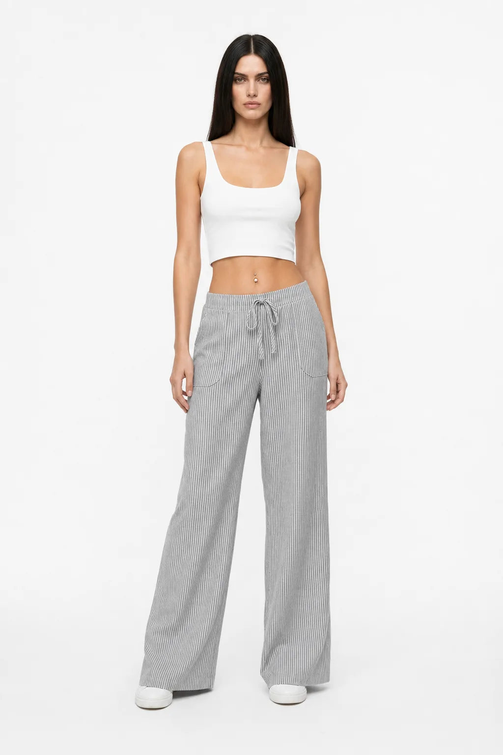 Reya Striped Wide Leg Pants With Elastic Waistband Drawstring Tie