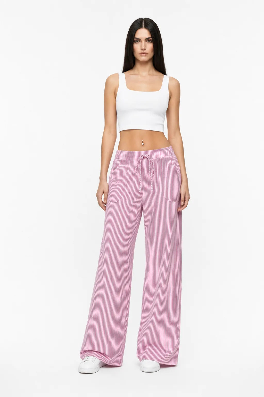 Reya Striped Wide Leg Pants With Elastic Waistband Drawstring Tie