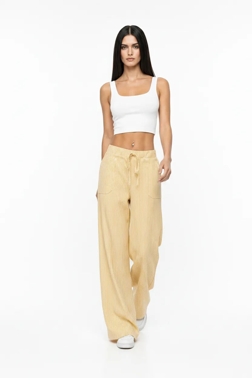 Reya Striped Wide Leg Pants With Elastic Waistband Drawstring Tie