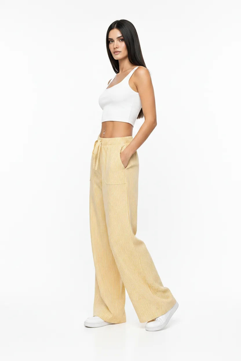 Reya Striped Wide Leg Pants With Elastic Waistband Drawstring Tie