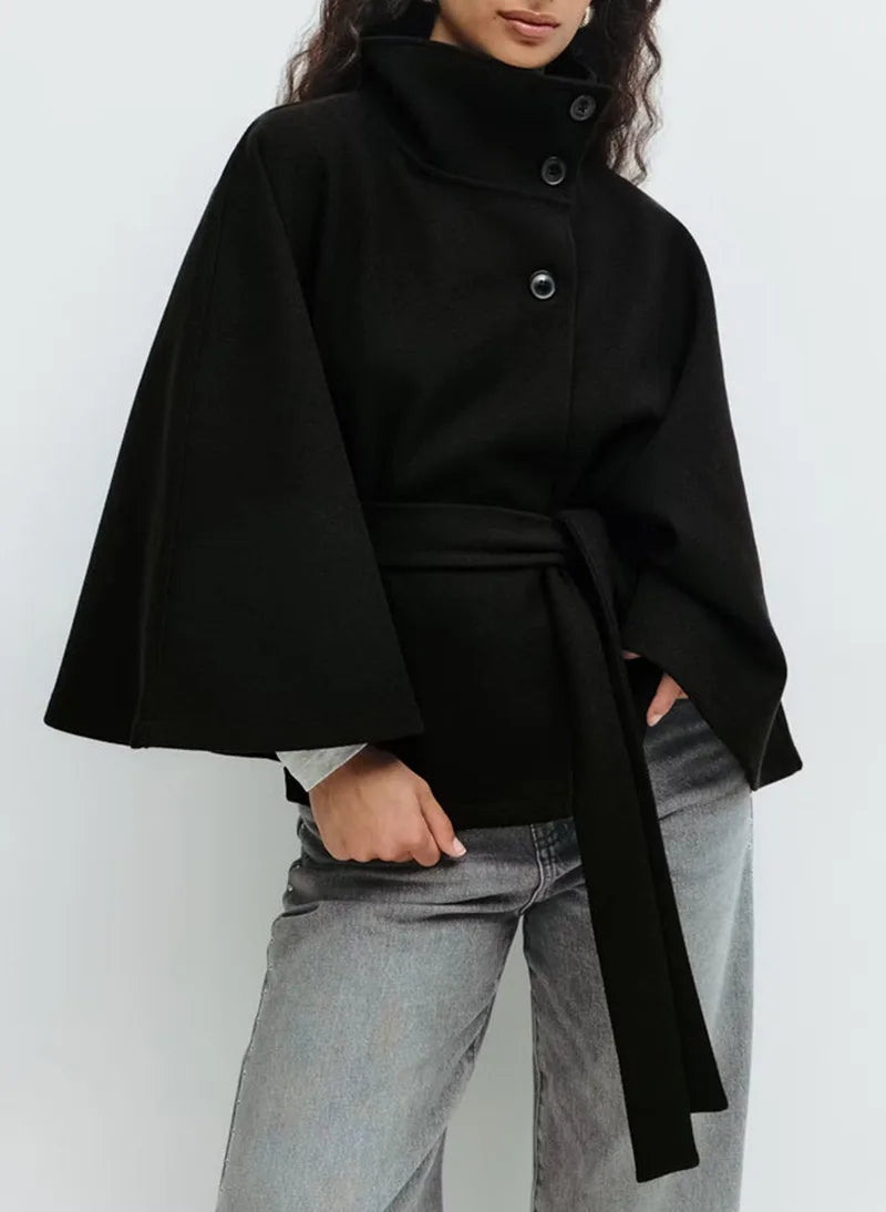 Winter Cape Coat Women Belted High Collar Poncho Jacket
