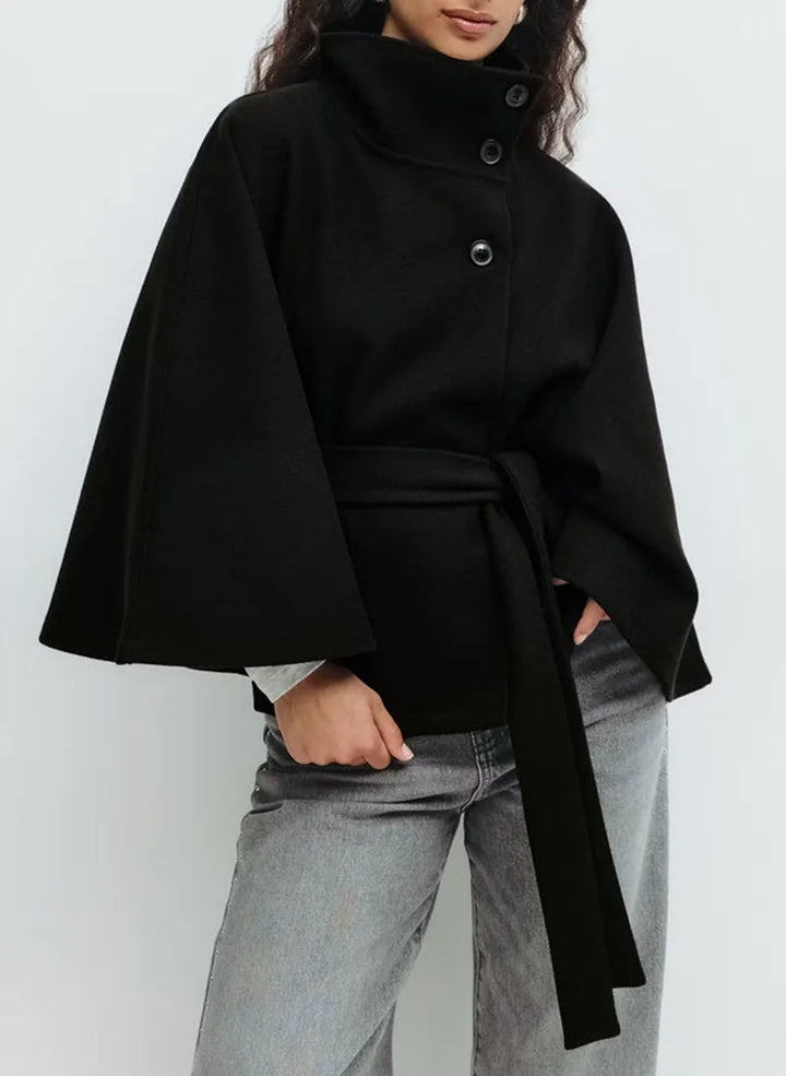 Winter Cape Coat Women Belted High Collar Poncho Jacket