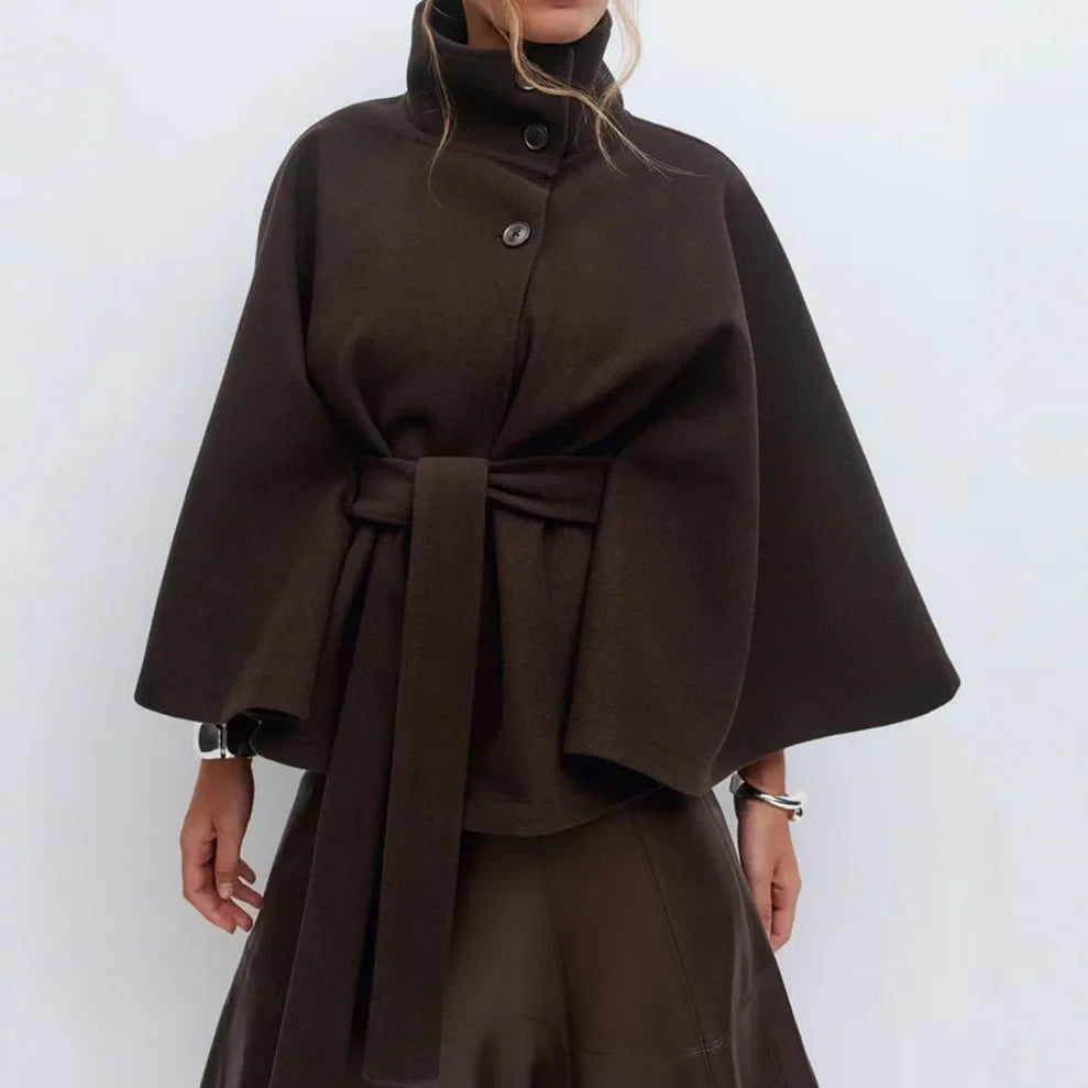 Winter Cape Coat Women Belted High Collar Poncho Jacket