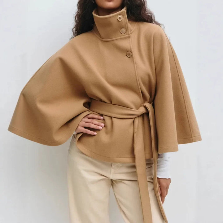 Winter Cape Coat Women Belted High Collar Poncho Jacket