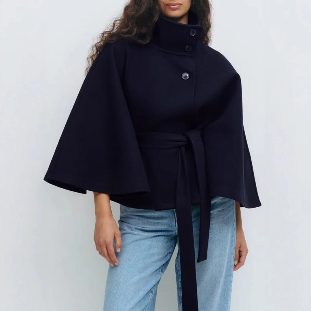 Winter Cape Coat Women Belted High Collar Poncho Jacket