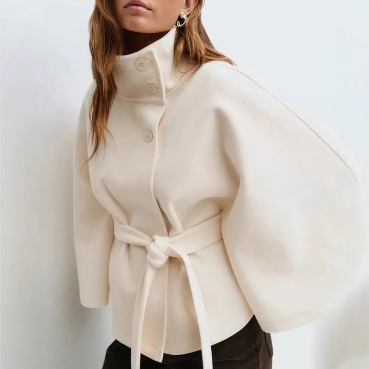 Winter Cape Coat Women Belted High Collar Poncho Jacket
