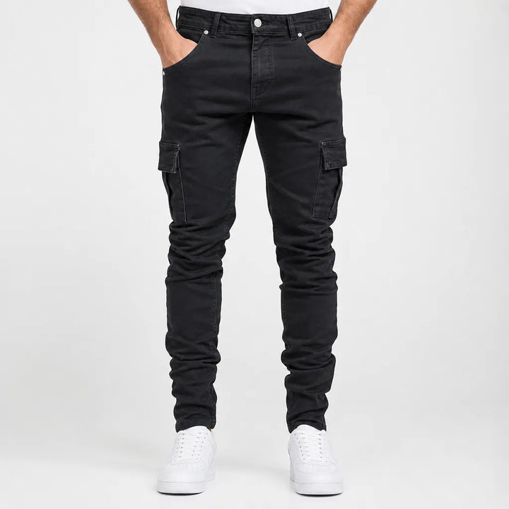 Men's Black Cargo Jeans - Slim Fit Tapered Leg Utility Pants