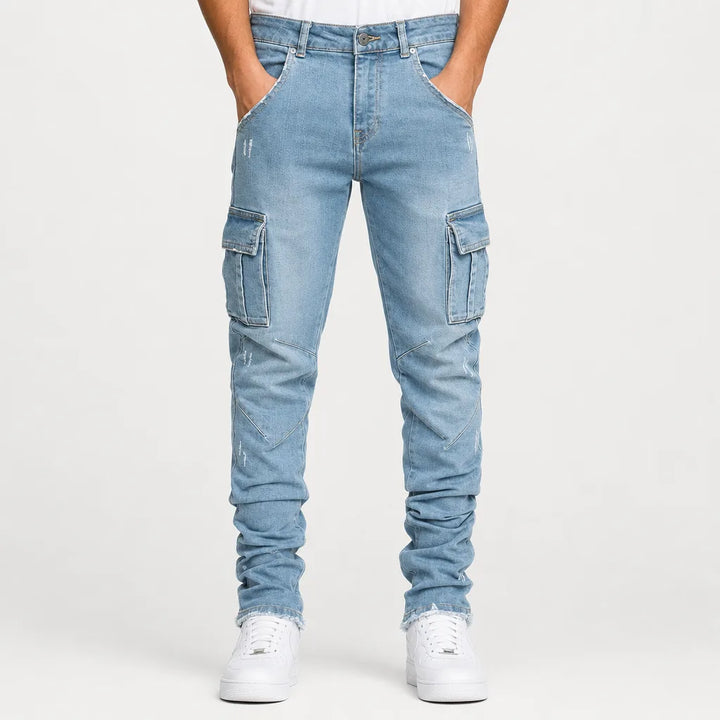 Men's Black Cargo Jeans - Slim Fit Tapered Leg Utility Pants