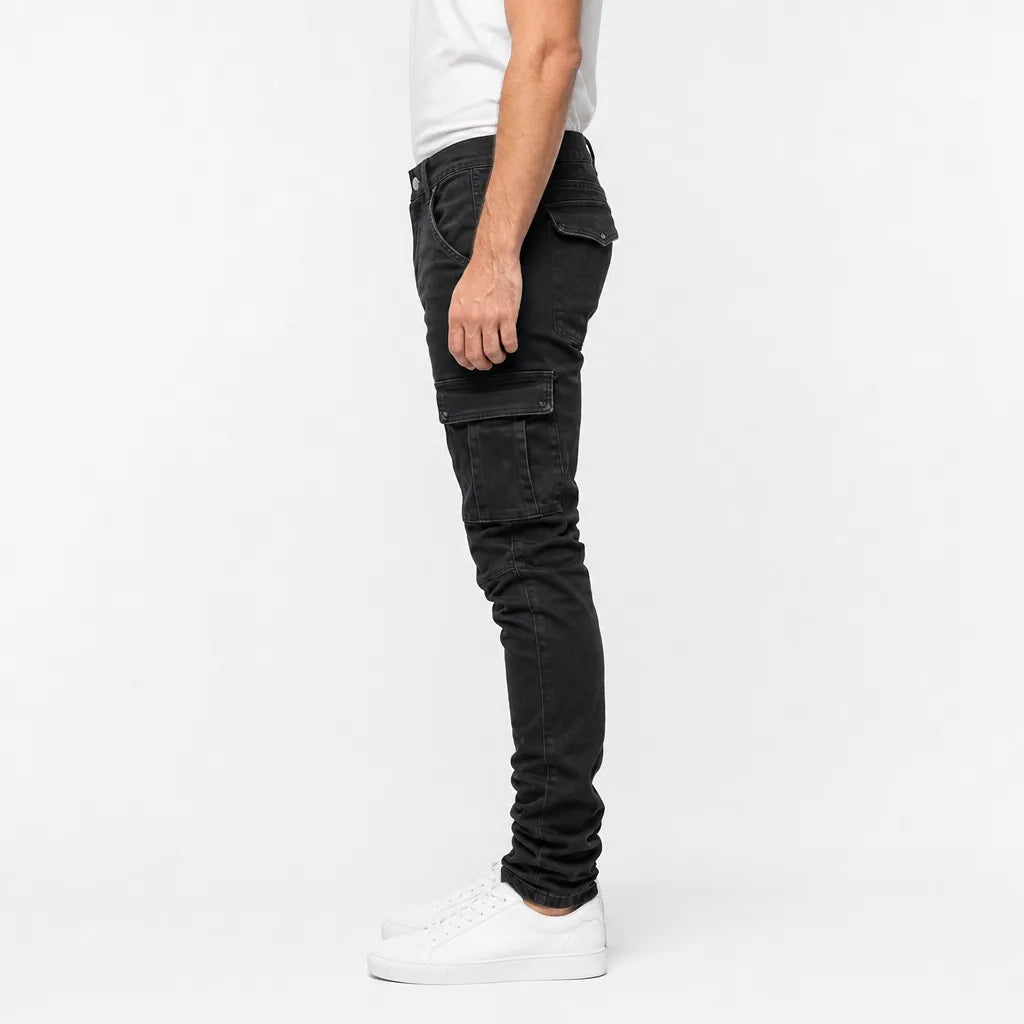 Men's Black Cargo Jeans - Slim Fit Tapered Leg Utility Pants