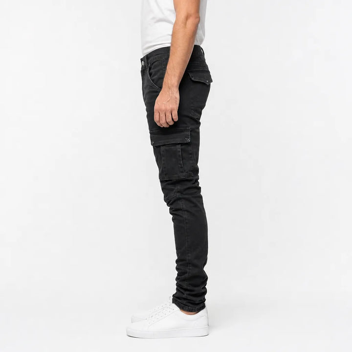 Men's Black Cargo Jeans - Slim Fit Tapered Leg Utility Pants