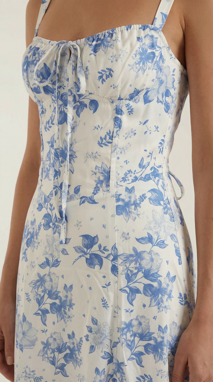 Women's Vintage Floral A-Line Midi Dress - Sweetheart Adjustable Back