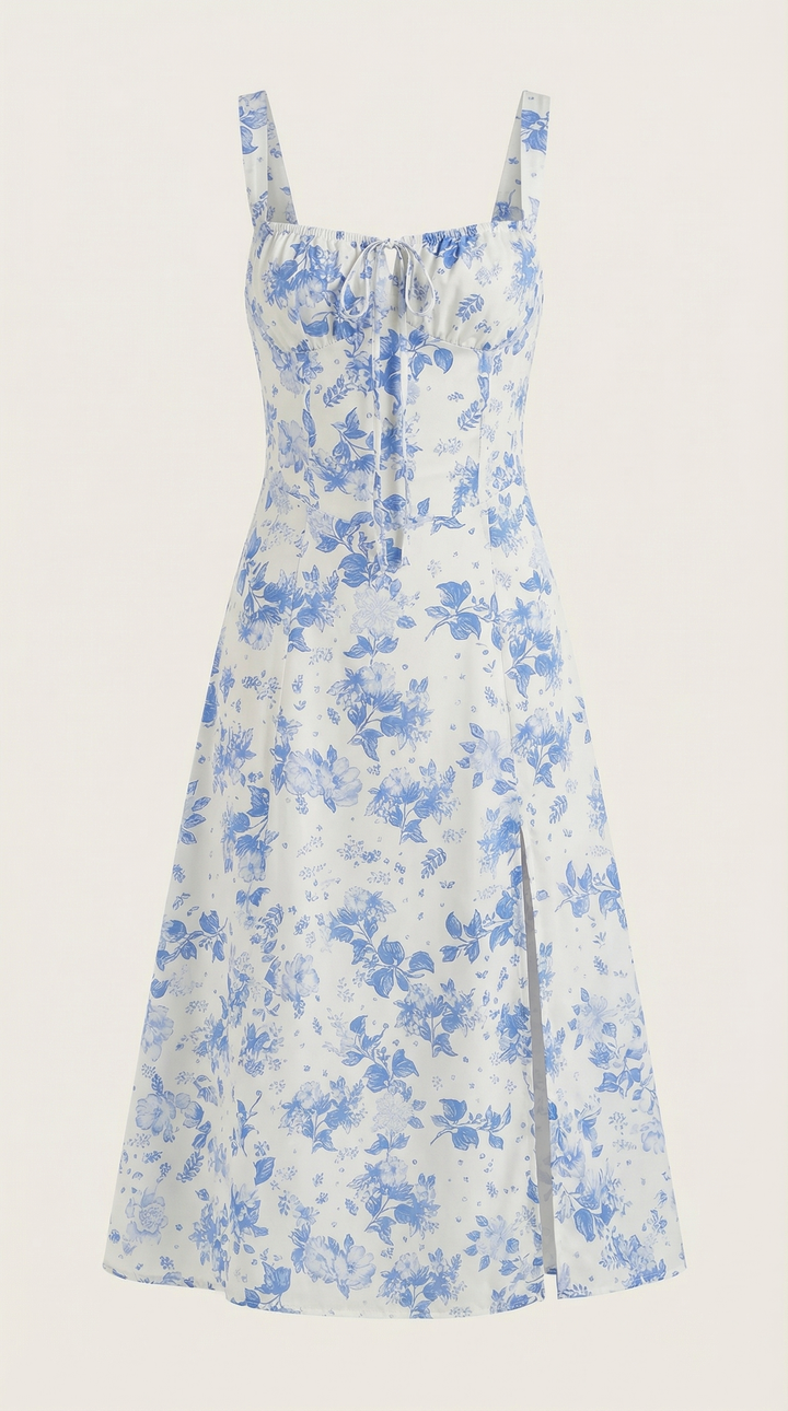 Women's Vintage Floral A-Line Midi Dress - Sweetheart Adjustable Back