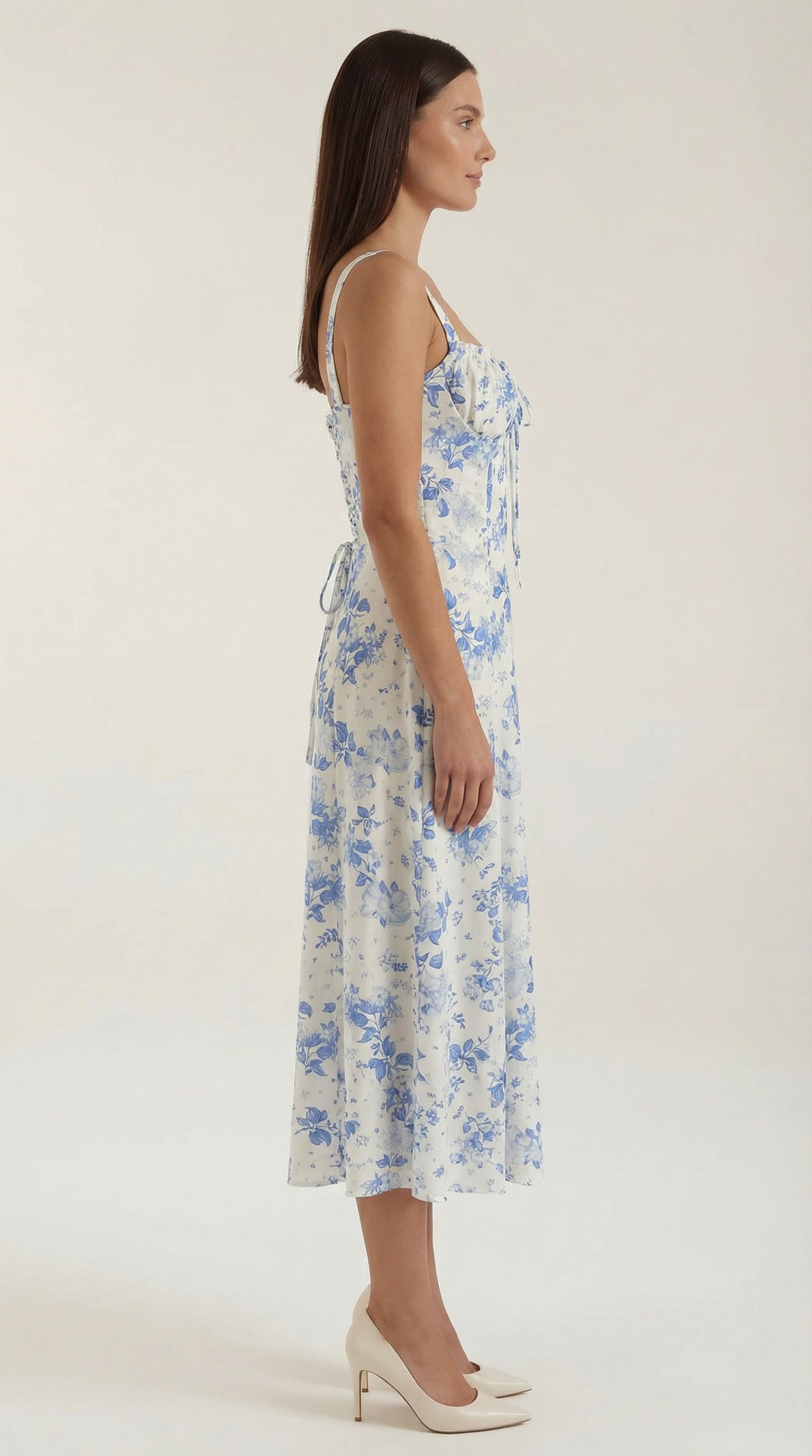 Midi-jurk dames A-lijn vintage bloemenprint hartvormige hals verstelbare rug