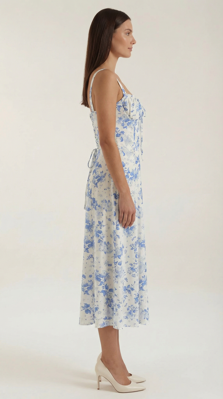 Women's Vintage Floral A-Line Midi Dress - Sweetheart Adjustable Back
