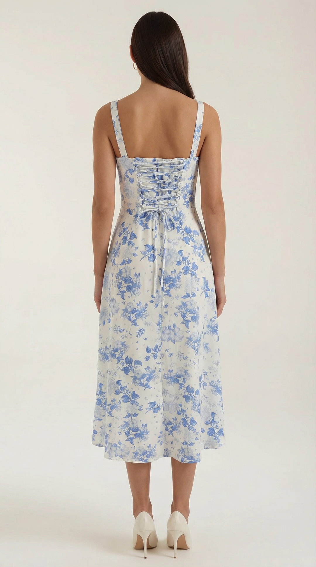 Women's Vintage Floral A-Line Midi Dress - Sweetheart Adjustable Back