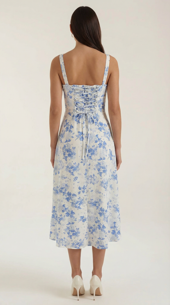 Women's Vintage Floral A-Line Midi Dress - Sweetheart Adjustable Back