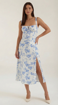 Midi-jurk dames A-lijn vintage bloemenprint hartvormige hals verstelbare rug
