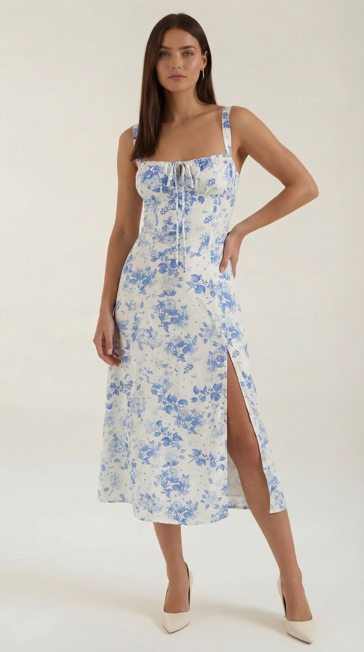 Women's Vintage Floral A-Line Midi Dress - Sweetheart Adjustable Back