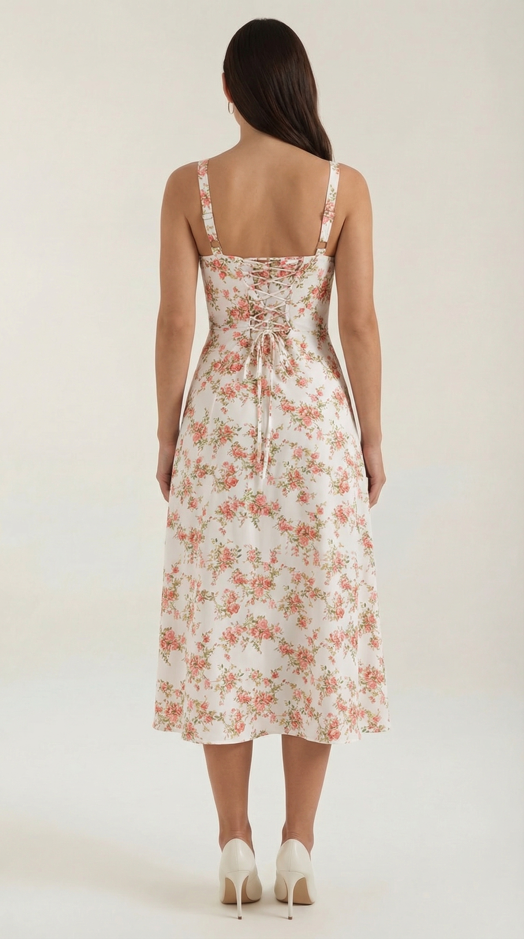 Women's Vintage Floral A-Line Midi Dress - Sweetheart Adjustable Back