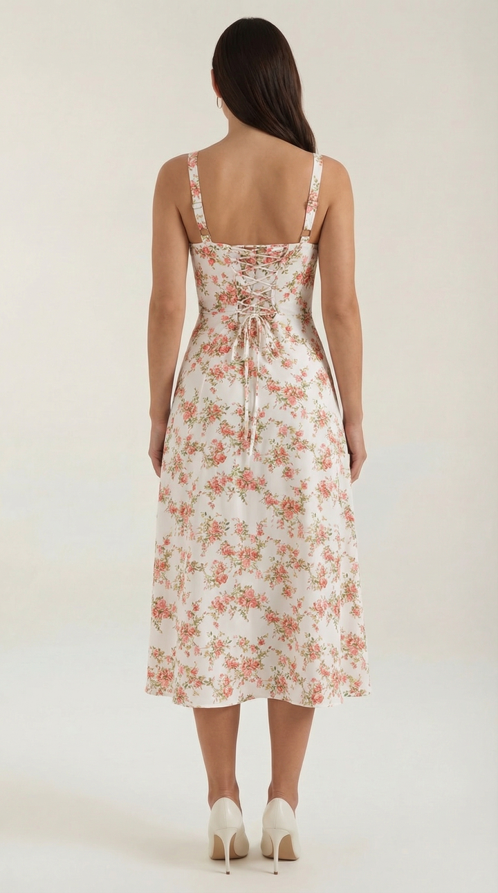 Women's Vintage Floral A-Line Midi Dress - Sweetheart Adjustable Back