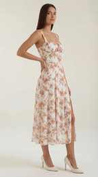 Midi-jurk dames A-lijn vintage bloemenprint hartvormige hals verstelbare rug
