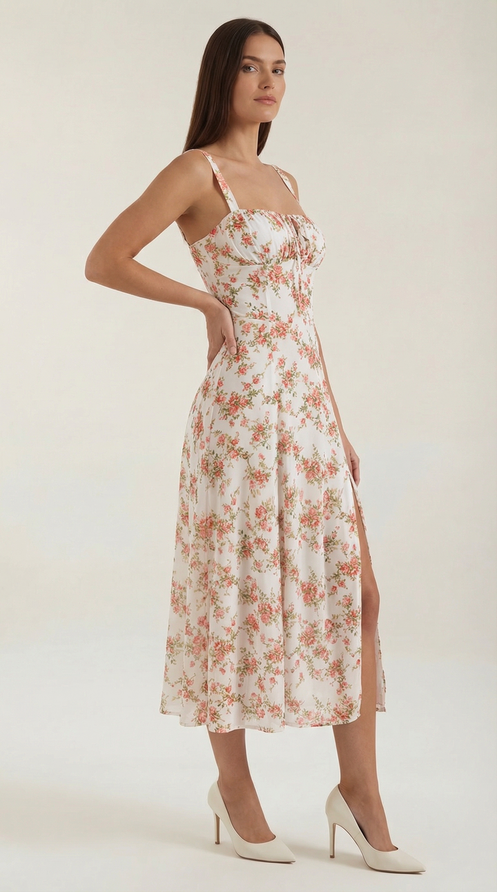 Women's Vintage Floral A-Line Midi Dress - Sweetheart Adjustable Back