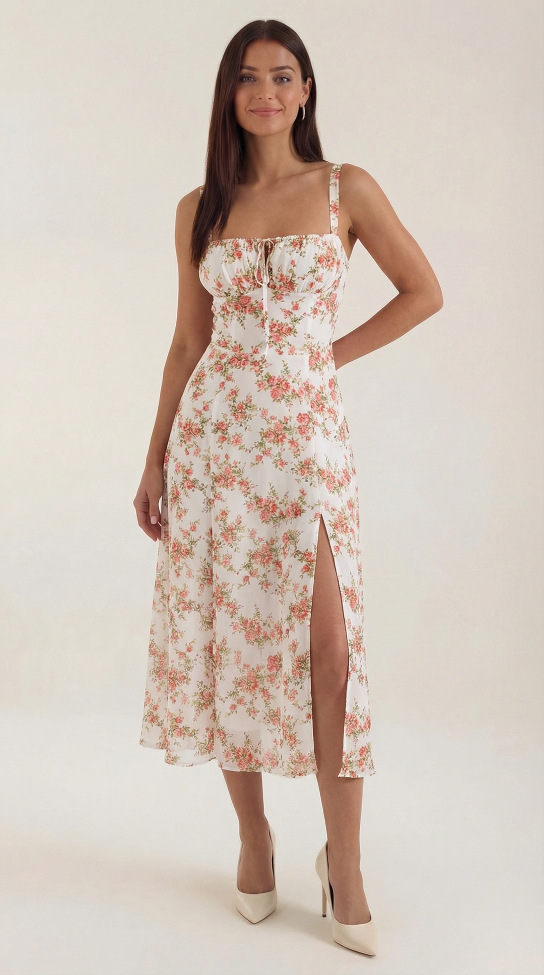 Women's Vintage Floral A-Line Midi Dress - Sweetheart Adjustable Back