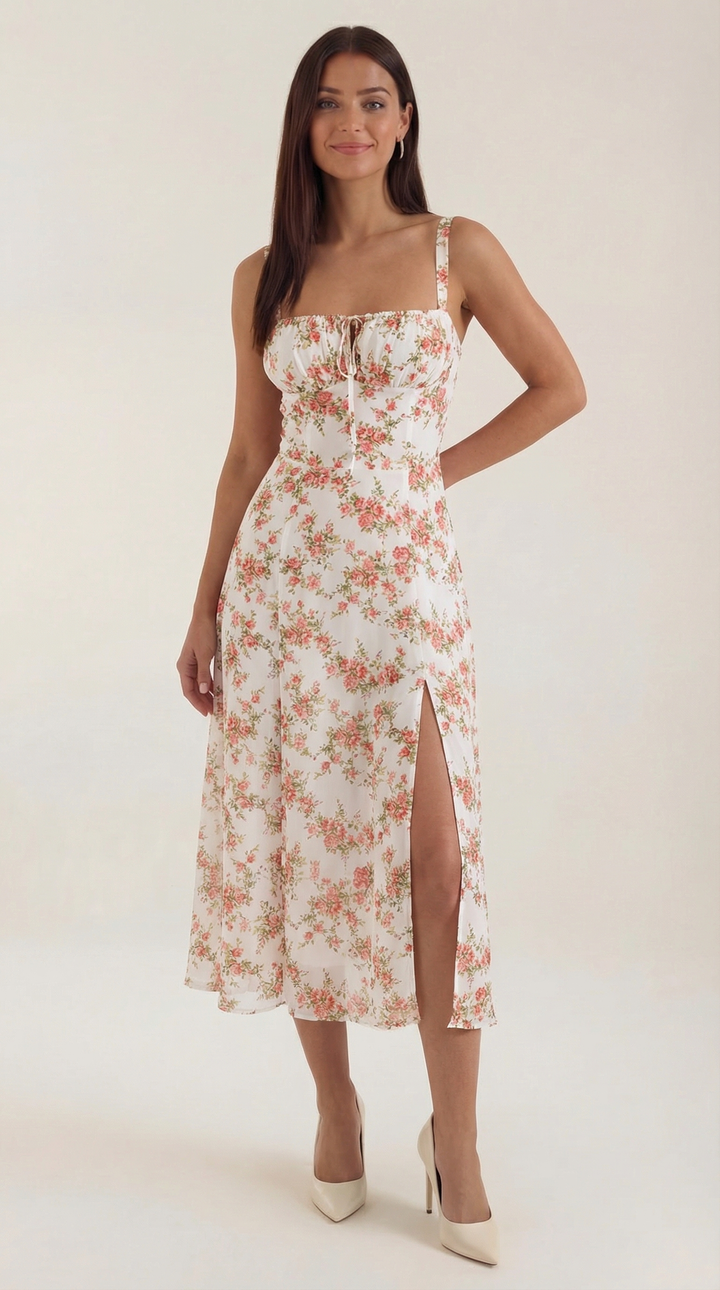 Women's Vintage Floral A-Line Midi Dress - Sweetheart Adjustable Back