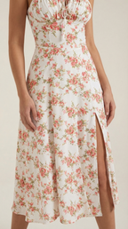 Midi-jurk dames A-lijn vintage bloemenprint hartvormige hals verstelbare rug