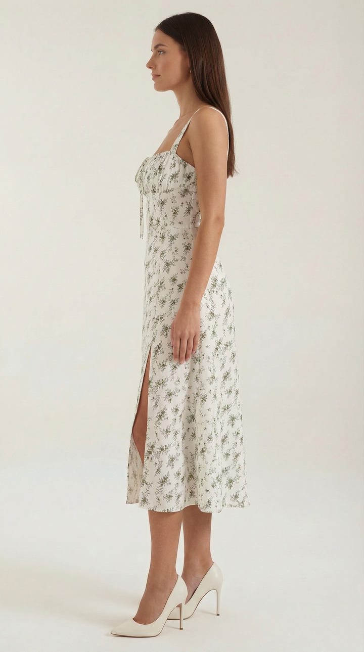 Women's Vintage Floral A-Line Midi Dress - Sweetheart Adjustable Back