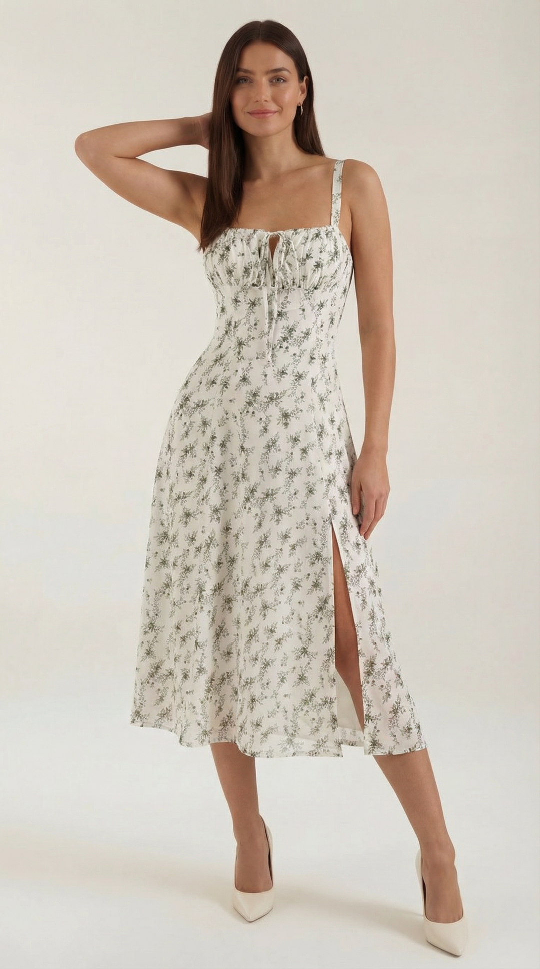 Women's Vintage Floral A-Line Midi Dress - Sweetheart Adjustable Back