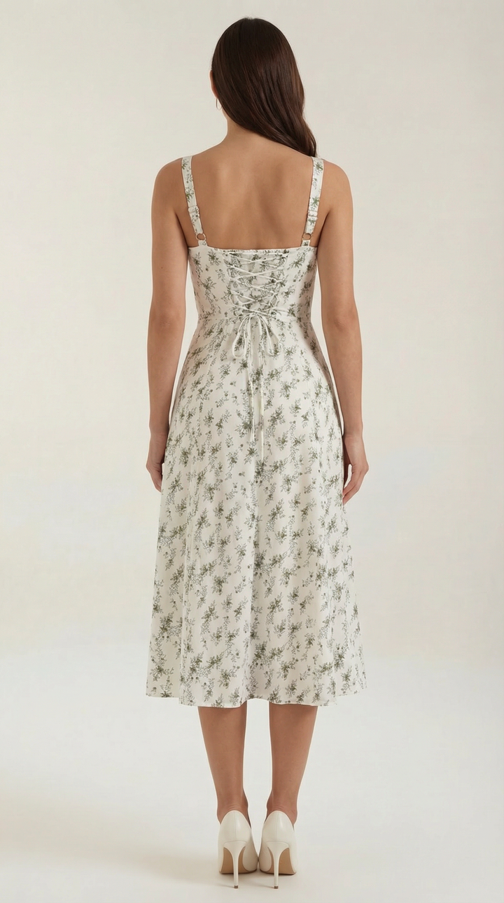 Women's Vintage Floral A-Line Midi Dress - Sweetheart Adjustable Back